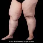 Lipedema medial knee fat pads and nodular fat texture.