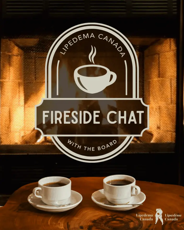 image of a wooded coffee table and coffee cups in front of a fireplace for Lipedema Canada's Fireside Chat.
